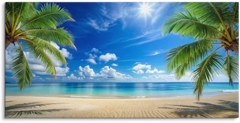 Paul Sinus 120x60cm Wandbild Traumstrand – Palmen und türkisblaues Meer unter strahlendem Himmel