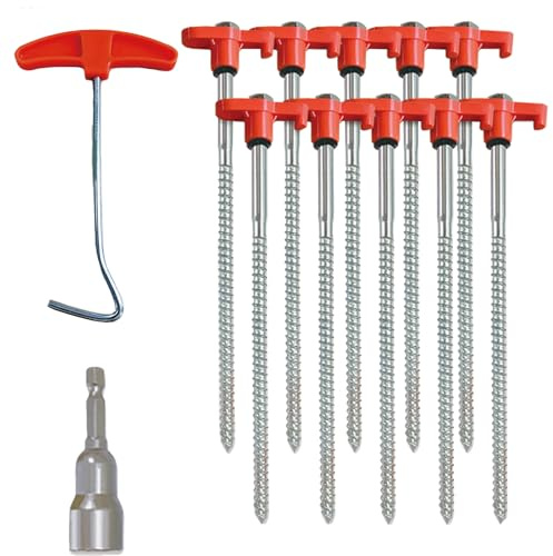10-Pack 8 Heavy Duty Screw in Tent Stakes, Drill-in Non-Rust Ground Anchor Pegs, Metal Tent Accessories for Camping, Garden, Hiking, Orange