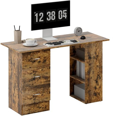 HOMCOM Computer Desk with Drawers, Home Office Desk, Writing Table, PC Workstation with 3 Storage Shelves for Working, Study, 120 x 49 x 72 cm, Rustic Brown