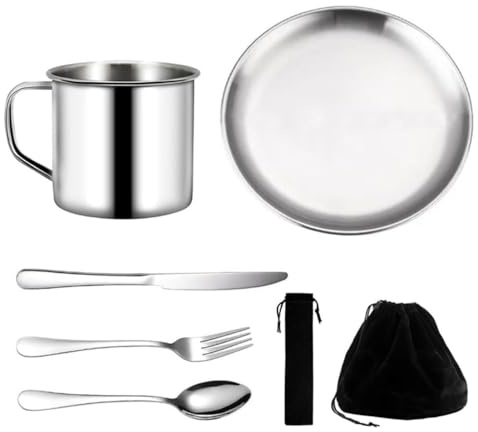 Camping geschirr 1 Person, 7 Teilig Besteck Set mit Edelstahlbecher, Teller, Messer, Gabel, Löffel, Campingbesteck mit Schwarzer Tasche, Tragbares Camping Zubehör Gadgets Set für Outdoor, Küche