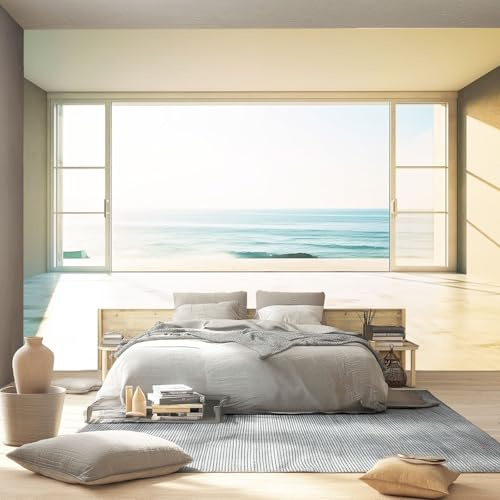 Fotomurales Autoadhesivos Minimalismo Moderno 200 x 140 cm Papel Pintado Fotográfico, Decoración De la Pared Murales para Salón Dormitorio Habitación Niños - Azul Ventanas Olas