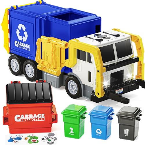 JOYIN Bin Lorry Toy for 3-8 Year Old Boys, Garbage Truck with Light & Sound | Friction Powered Front Load Garbage Truck Toys with Trash Bins & Cards, Birthday Gifts Toys for Boys Girls Aged 3-8, Blue