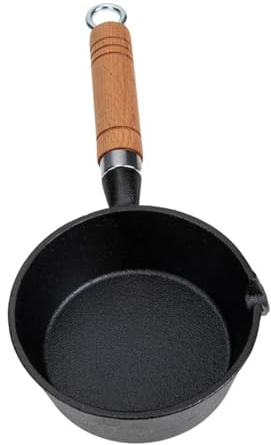TOBBOMEY Mini Cast Iron Sauce Pan with Spout 16cm x 7cm Small Iron Pot with Wooden Handle for Butter Melting and Milk Heating Indoor Cooking