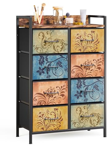 Mondeer Kommode mit 8 Stoffschubladen, Vintage-Druck, 66.5 x 30 x 105.5 cm | Metallrahmen, Holzablage. Wohnzimmer, Schlafzimmer, Flur. 8 Schubladen für Kleidung, Zeitschriften. Platzsparend, dekorativ.