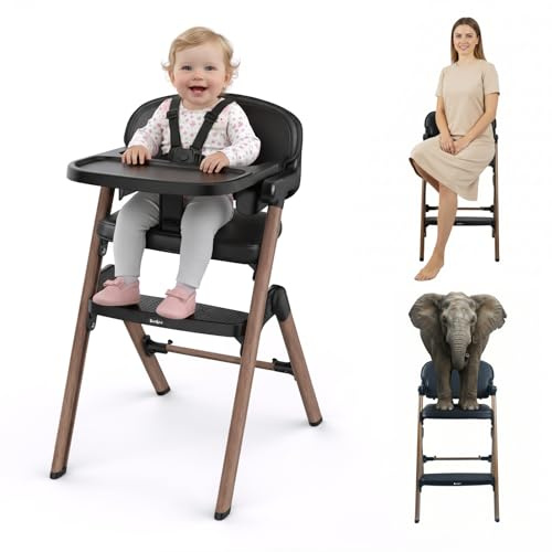 Babilous High Chair, Foldable High Chairs for Babies and Toddlers Ultra Safe for Infant or Adults Up to 150 Lbs, Easy Clean, Removable Tray/Adjustable Footrest for Baby Feeding HighChair, Black