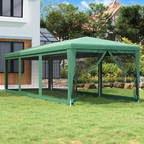 Partyzelt Grün 3x9 m, HDPE Wasserdichtes Outdoor Zelt mit 8 Mesh-Seitenwänden, UV-beständigem Dach & Pulverbeschichtetem Eisenrahmen, für Garten, Terrasse, Events, Camping