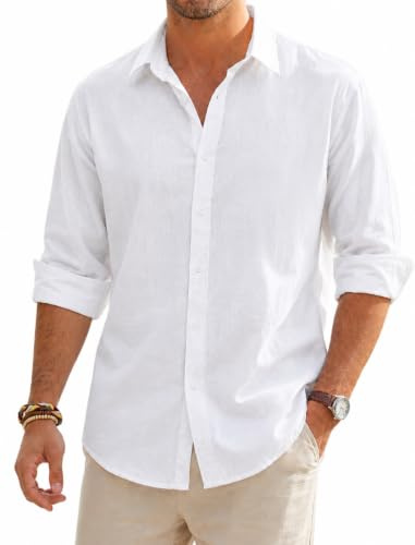 SEAYIJIA Mens Linen Shirts Long Sleeve Button Down Cotton Linen Beach Shirts Casual Summer Regular Fit Shirt