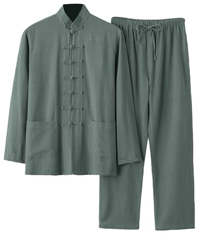 Traje de Tai Chi para hombre Tang Traje Estilo Chino Manga Larga Algodón Lino Camisa+Pantalones 2 Divisiones Ropa Tradicional Artes Marciales Transpirable Kung Fu Uniforme Conjunto Tangzhuang