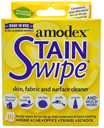 Amodex Ink & Stain Remover Swipe Towelettes - Travel Stain Remover Wipes, Desk Wipes, Pocket Wet Wipes - 10 pack