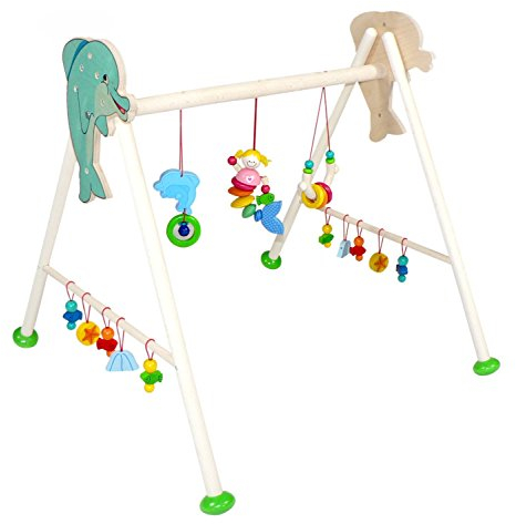 Hess Holzspielzeug 13375 - Spielgerät aus Holz, Serie Nixe, für Babys, handgefertigter Spielbogen mit farbenfrohen Figuren und Rasseln, ca. 62 x 57 x 55 cm