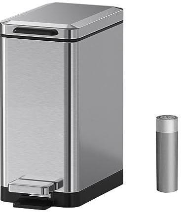Mbillion Mülleimer Bad 10 Liter schlankes Design Tritt-Mülleimer mit starkem Pedal, rechteckiger Edelstahl-Mülleimer, gebürstetes Silber | Rechteckiger Abfalleimer mit Deckel und Trittpedal, Edelstahl, schmale Passform, für Badezimmer, WC, Schlafzimmer und Büro