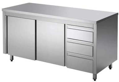 GastroHero Edelstahl Arbeitsschrank 200x60 cm mit Schiebetüren & 3 Schubladen, 100 mm Aufkantung – AISI430 Chromstahl, höhenverstellbar 850–900 mm