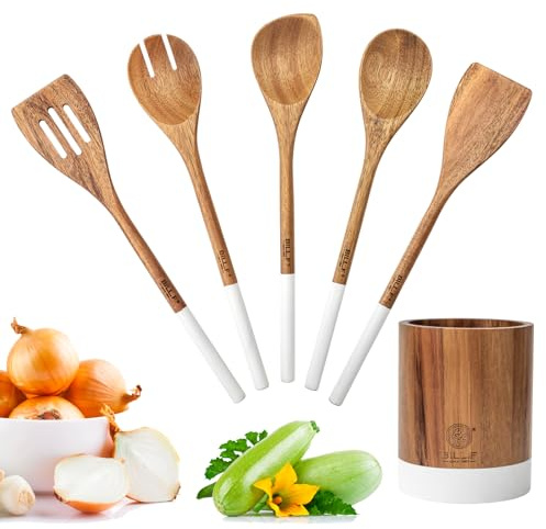 Bill.F Wooden Cooking Utensil Set, 5 Piece Kitchen Utensils with White Handle, Slotted Turner, Slotted Spoon, Soup Spoon & Spatula, Non-Stick Safe