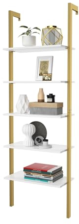 HOMASIS Leiterregal mit 5 Ebenen, Wandregal mit Metallrahmen, Wandmontage Bücherregal Standregal Lagerregal Büroregal, Aufbewahungsregal für Wohnzimmer Zuhause Büro, 61 x 30 x 183 cm (Weiß+Gold)
