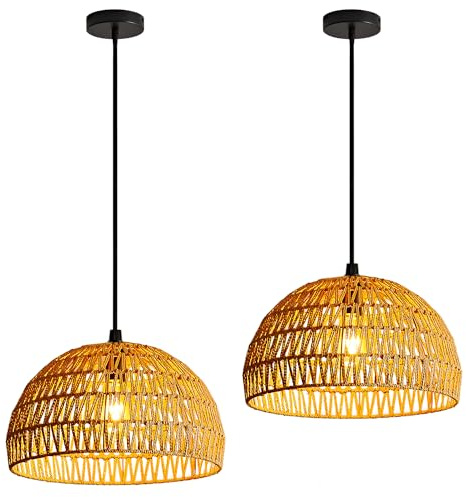 H.W.S Pendelleuchte Vintage Pendellampe Industrial Bambus Rattan Gewebte Lampenschirm HäNgelampe Esstisch HäNgeleuchte Holz Natur Mit E27 Fassung FüR Wohnzimmer Cafe Flur Esszimmer (30cm 2 St.)