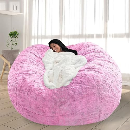 FIEATES Bean Bag Cover for Kids Adults No Filler Soft Oversized Round Beanbag Chair Lazy Sofa Cover for Reading Chair Floor Chair, 6FT, Pink