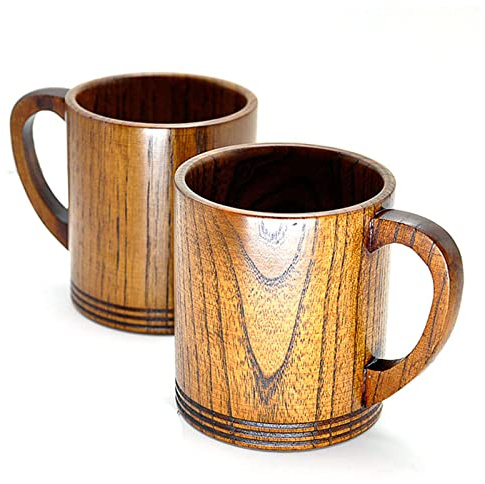 PiWine Bierkrug-Set, Vintage-Bierkrug aus Holz mit Henkel, Becher aus natürlichem Jujubeholz – handgefertigt, Bauernhaus-Trinkbecher for Saft, Milch, Tee, Eis, Kaffee, Bier – 270 ml – 2er-Set