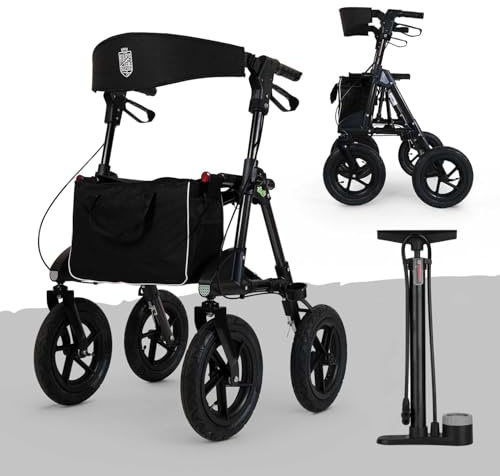 Rollator mit Luftbereifung inkl. Luftpumpe bequemem Sitz und Lehne - robust leicht und faltbar. Der ideale Geländerollator für draußen in Titanschwarz