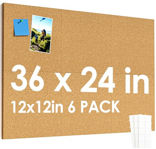 MaxGear Large Cork Board for Wall 36 x 24, 6 Pack Cork Board Tiles with 20 Pushpins & Safe Removable Adhesive Tabs, 12 x 12 Corkboards for Office, School & Home