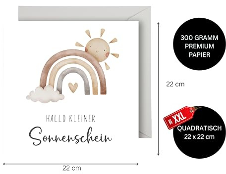 WBdesignz XXL Geburtskarte mit Umschlag - Glückwunschkarte zur Geburt Junge Mädchen - Boho Regenbogen (21 x 21 cm)