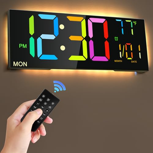 LYtech 13 Wanduhr Digital mit RGB-Farben und Nachtlicht, Fernbedienung, Dual-Alarm, Temperatur, Datum, Automatische Helligkeitsregelung, 24/12-Stunden Wanduhr, DST, Countdown für Zuhause Wohnzimmer