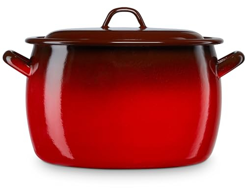 briebe Pentola bombata cucina a induzione 22 cm, casseruola 6,4 L grande con coperchio in acciaio smaltato vetrificato, adatta vetroceramica, fuoco, gas, forno, Ignea vintage rosso