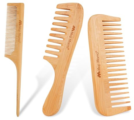 Maji Mama Natural Bamboo Comb Set Anti-Static Fine Wide Tooth Wooden Comb For Detangling Styling Thick Thin Straight Hair For Men or Women,Rat Tail Comb (Natural Hair Comb Set)