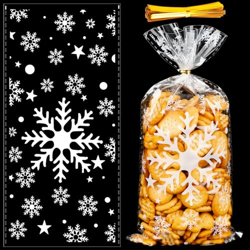 MELLIEX 50 Pièces Sacs à Biscuits de Noël, 20x10cm Sachet Bonbons de Flocon de Neige Transparent Moyen Sacs de Cellophane Noël avec Cravates Torsadées pour Chocolat Bonbons