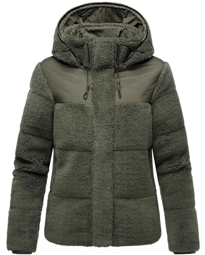 MARIKOO Damen Teddy-Fleecejacke warme Übergangsjacke gesteppte Plüschjacke in angesagtem Materialmix mit Kapuze Kaguraa 16 XS-XXL