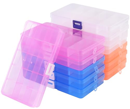NGOSUET 12 Stück 15 Fächer Sortierbox Bunt, Plastik Perlen Aufbewahrungsbox mit Einstellbaren Fächern, Sortimentskasten Sortierboxen für Kleinteile Schmuck Accessoires, 4 Farben