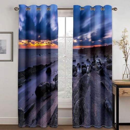 BTYWH Blickdichte Vorhänge mit Ösen Meer 3D Verdunkelungsvorhang 2er Set 150 x 166 cm Strand-Landschaft Thermovorhang Kälteschutz Gardine Polyester für Schlafzimmer Kinderzimmer Wohnzimmer Dekoration