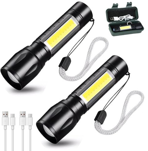 Lot de 2 lampes de poche LED rechargeables, super lumineuses, mise au point réglable, 3 modes d'éclairage, longue durée de vie, étanche, format de poche pour les coupures de courant, pour urgence,