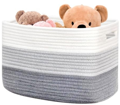 Boensi Laundry Basket with handle - 54×43×30cm Rectangle woven Cotton Rope blanket basket,storage basket for Blankets,Baby Toys & Clothes (Fits Bathroom,Nursery, bedroom,Living Room) (Gradient Grey)