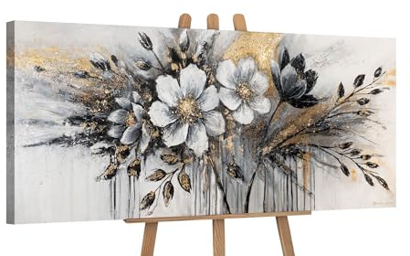 YS-Art Pittura Acrilica Fiori su Tela Serie Originale Dipinto A Mano Della Murale Soggiorno Ufficio Moderno Arredamento Casa Galleria Immagine Opera D'arte Immagini con Oro 115x50 cm