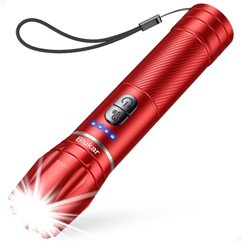 Blukar LED Taschenlampe 2 Farbtemperatur, Superhell Zoombar Taschenlampen Aufladbar mit 10 Lichtmodi, Lange Akkulaufzeit, Wasserdicht Handlampe Flashlight für Wandern, Camping,Outdoor, Notfäll -Rot