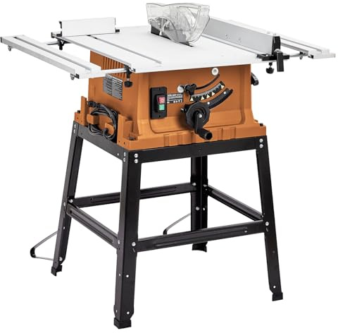 Table Saw, 10 Inch 15A Multifunctional Saw With Stand & Push Stick, 90° Cross Cut & 0-45° Bevel Cut, 5000RPM, Adjustable Blade Height for Woodworking, Orange