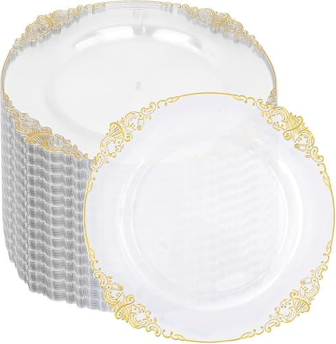 KDXBQ 100 Pcs Plastic Plates Plastic Dinner Plates with Gold Rim 19 cm Party Plate for Weddings Upscale Parties Thanksgiving Tableware (Transparent Gold)
