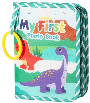 Photo Album Fits 17 6x4 Pictures, Soft Cloth My First Photo Book Memory Book with Mirror, Family First Year Memory Photos for Newborns Gift (Dinosaur Design)