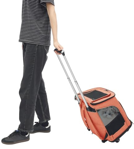 soudesileim 2 in 1 Faltbar Hunderucksack Trolley, Hundetransportbox mit Rollen, bis 9kg Katze und 7.5kg Hund, Rucksackgröße 34x28x44cm, Katzenrucksack Atmungsaktiv (Orange)