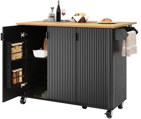 Gxffipw Holzmaserung Kücheninsel mit Klappbare Arbeitsplatte und Gestreifte Designtür, Küchenschrank Küchenwagen mit Rollen und Handtuchhalter, Buffetschrank, Küchenmöbel, Schwarz, 130x45-75x92 cm