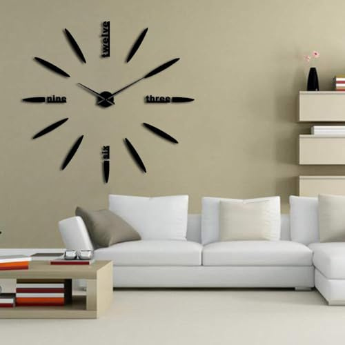 Orologio da parete fai da te senza cornice 3D a specchio grande adesivo da parete silenzioso per soggiorno, camera da letto, decorazioni per la casa, orologio grande (nero, 119,4 cm)