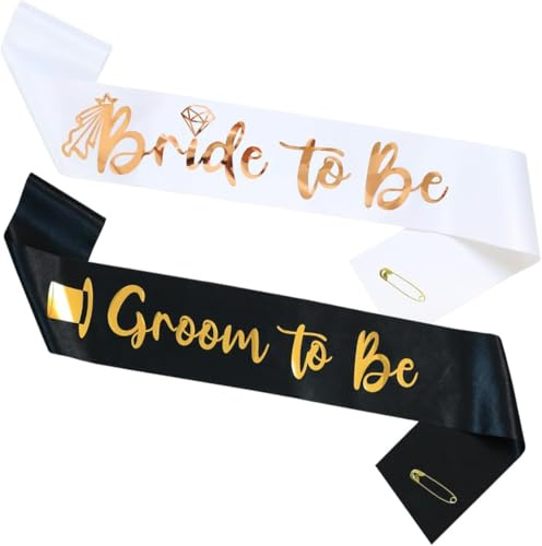 AIEDECOPT 2 Stück Braut Bräutigam Schärpes, Bride to Be Schärpe und Groom to Be Schärpe, Lustige JGA Accessoires für Frauen Männer Hochzeit, Bachelorette, Brautparty, Geschenke (Weiß & Schwarz)