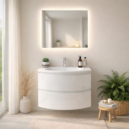 Kiamami Valentina - Mobile Bagno Sospeso 70 cm Curvo Bianco Lucido con Lavabo in Resina, 2 Cassetti, Già Assemblato