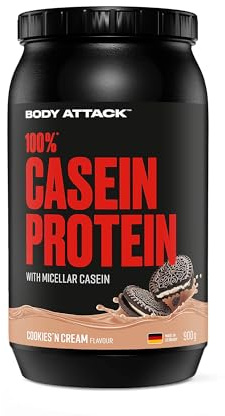 Body Attack 100% CASEIN PROTEIN - Cookies N Cream - 900 g Dose - Hochwertiges Protein Pulver für Muskelaufbau Training -langanhaltende Eiweiß Versorgung -ideale Ergänzung zu Whey Protein