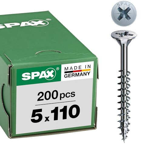 SPAX Universalschraube, 5,0 x 110 mm, 200 Stück, Kreuzschlitz Z2, Senkkopf, Vollgewinde, 4CUT, WIROX A3J, 1081010501105