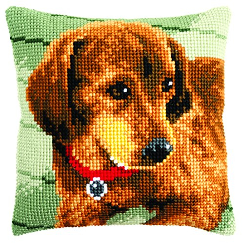 Vervaco Kreuzstich Stickpackungen Kissen Stickerei Set Anfänger Vorgedruckt Dackel DIY Set Kreativ Set Für Erwachsene Dekoratives Kissen ca. 40 x 40 cm Bastelset Handwerker Haus Dekoration