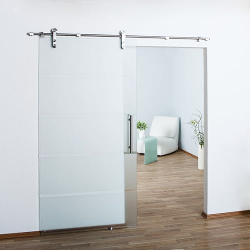 BIJON Glasschiebetür aus 8mm ESG Glas | Glastür Schiebetür mit Edelstahl Schiebetürsystem und 15mm Wandabstand, Teilsatiniert - SL6A DIN Links - 775x2050 mm