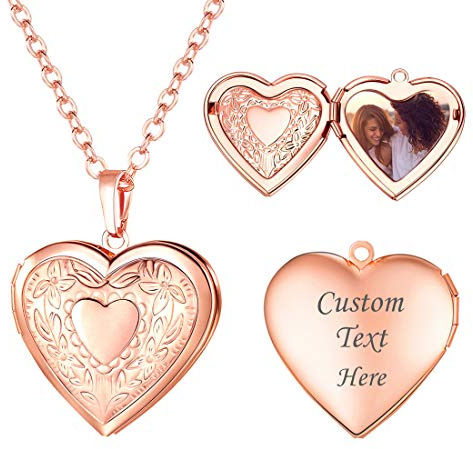 U7 Rose Gold Locket Necklace with Rolo Chain 22 Inch, Romantic Flower Heart Photo Locket Pendant for Women