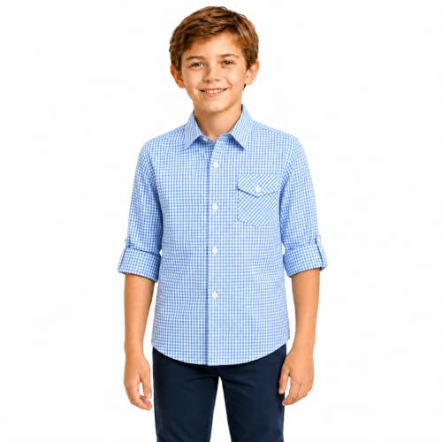 Bienzoe Boy's Cotton Plaid Roll Up Sleeve Button Down Sports Shirts, 7-8 Years, Ltblue