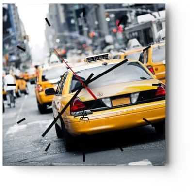 Moderne Glasuhr 30x30cm Quadrat Wanduhr Städte Autos - 2663 | New York Taxi Straße Glas Analog Wanduhr Lautlos Wanddekoration Wohnzimmer Büro Küche Wanddeko Küchenuhr Geräuschlos ARTTOR